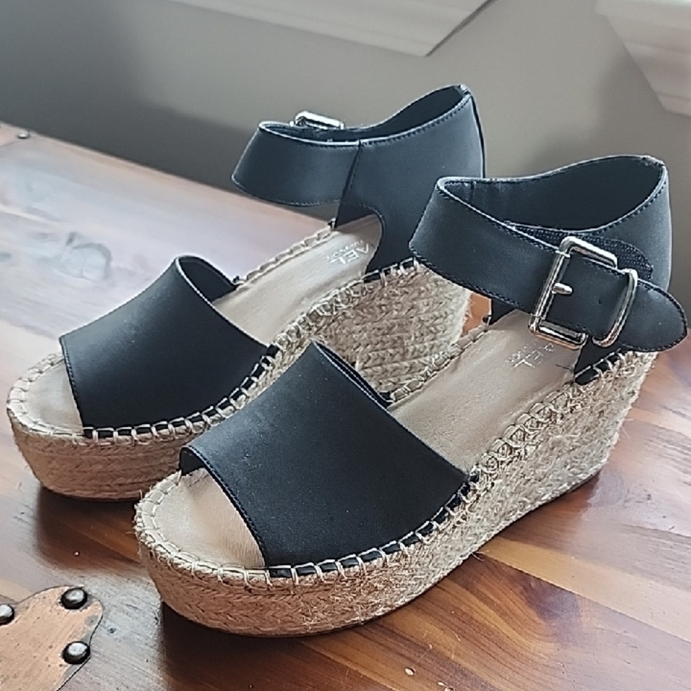 Michael Shannon Black Wedge Espadrilles with Ankle Strap, New